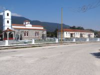 View of the the church and the primary school in Megalochori, Serres